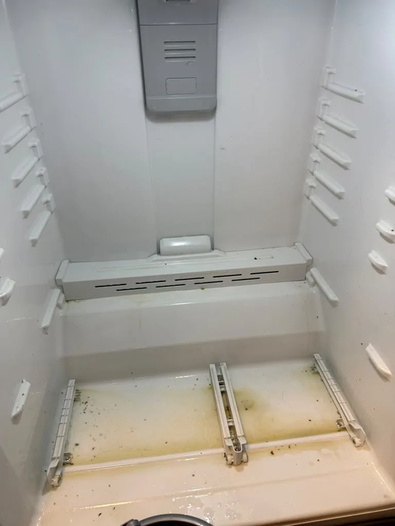 Refrigerator interior before cleaning, with stains and food debris on the bottom shelf